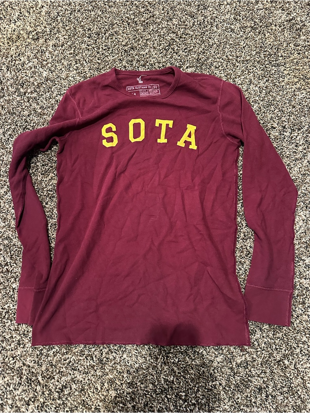 SOTA Women's Long Sleeve Crewneck Tee in Maroon with Yellow Logo